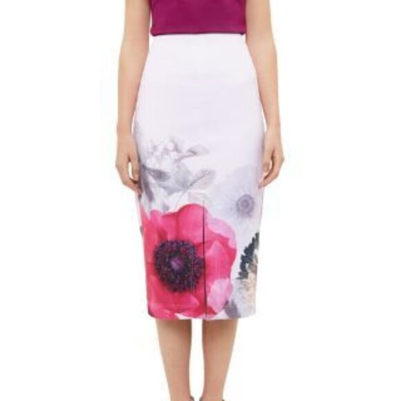 BNWT Ted Baker London Geemey Neon Poppy Pencil Skirt In Nude Pink - Picture 1 of 13